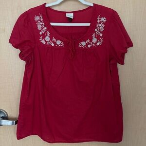 Sonoma Red Blouse with White Floral Embroidery